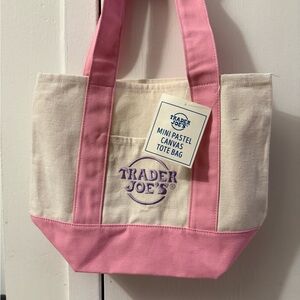 Trader Joes Mini Canvas Tote Bag - Pink & Cream